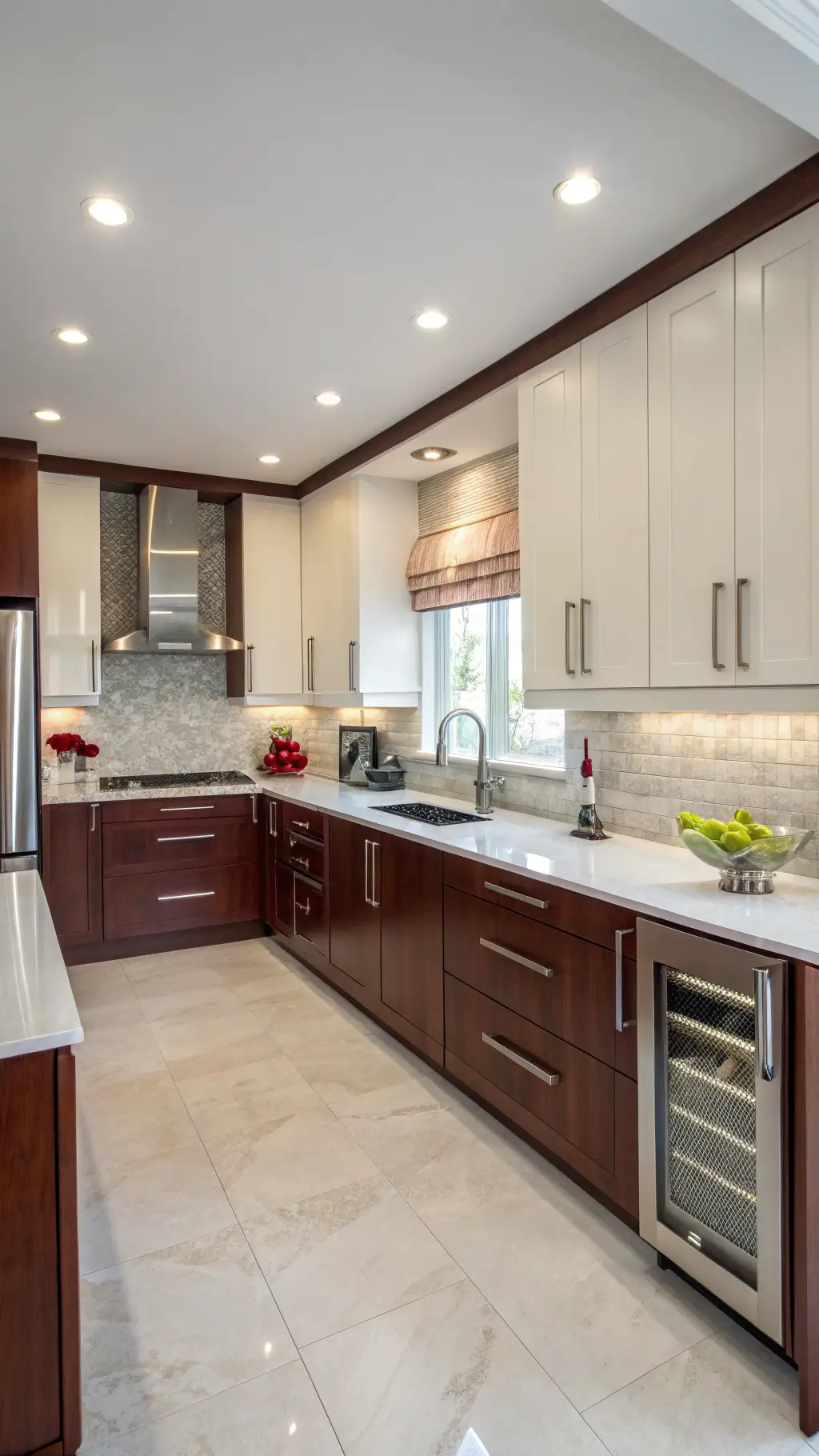 L-shaped kitchen with cherry wood and cream cabinets, pale grey quartz countertops, brushed nickel accents, modern fruit bowl, and geometric wine rack under a 9ft tray ceiling with recessed lighting.