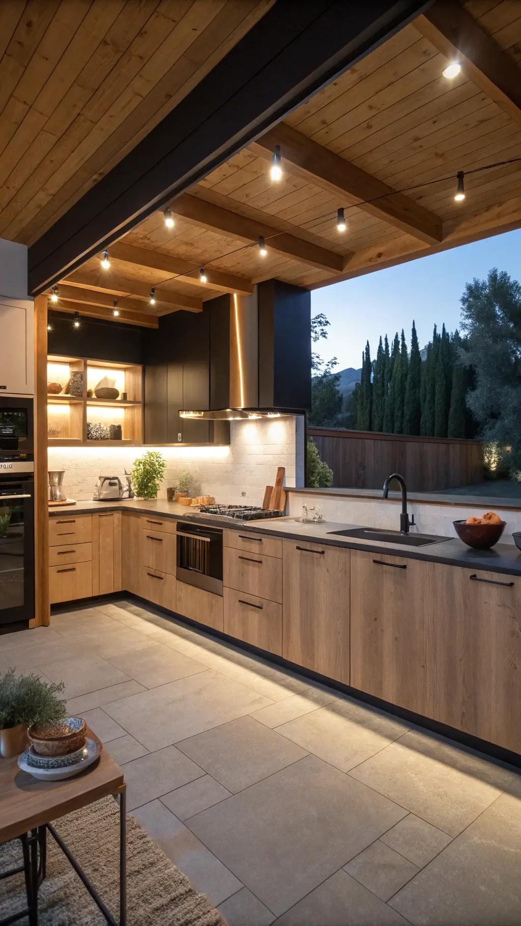Modern U-shaped kitchen with natural-finish alder wood lower cabinets, ultra-matte black upper cabinets, exposed wooden ceiling beams, glass-front cabinets revealing specialized storage, chef's equipment and hanging copper pots under warm white ambient lighting.
