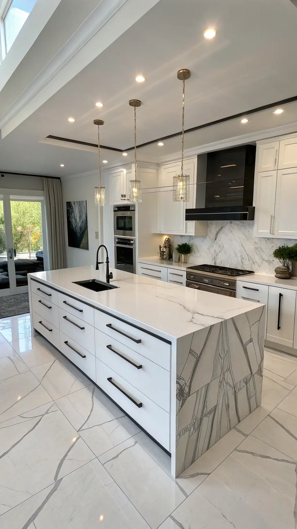 Dramatic overhead view of a modern minimalist kitchen with high-gloss white cabinets, a dark veined marble waterfall island, and custom storage solutions; enhanced by a 12ft coffered ceiling and styled with silver accents.