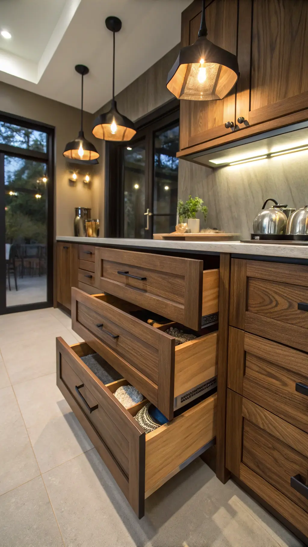 Close-up of a sophisticated corner cabinet configuration with walnut veneer and black laminate finish, featuring automated lighting and pendant lights at dusk, focused on corner solution mechanisms