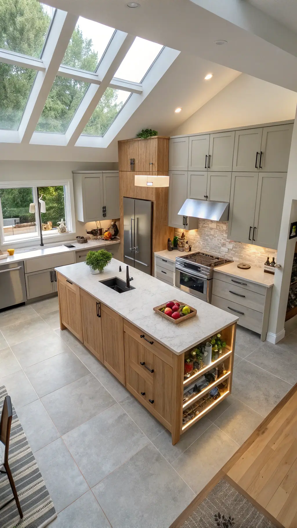 Bird's eye view of a spacious two-tone kitchen with maple base cabinets and light grey upper cabinets in morning light, featuring a skylight, an island with built-in wine storage, and minimalist decor.