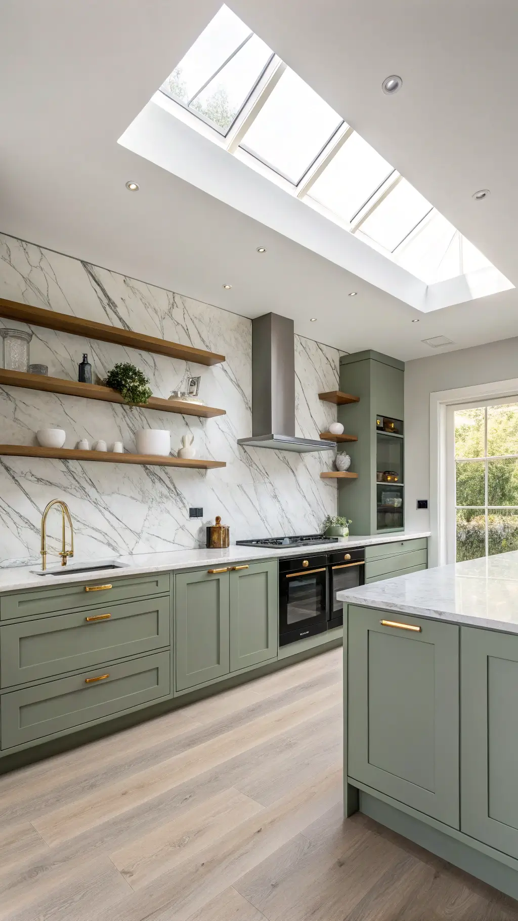 Modern kitchen with sage cabinets, white marble backsplash, gold fixtures, and white oak floating shelves in morning light, viewed from above.