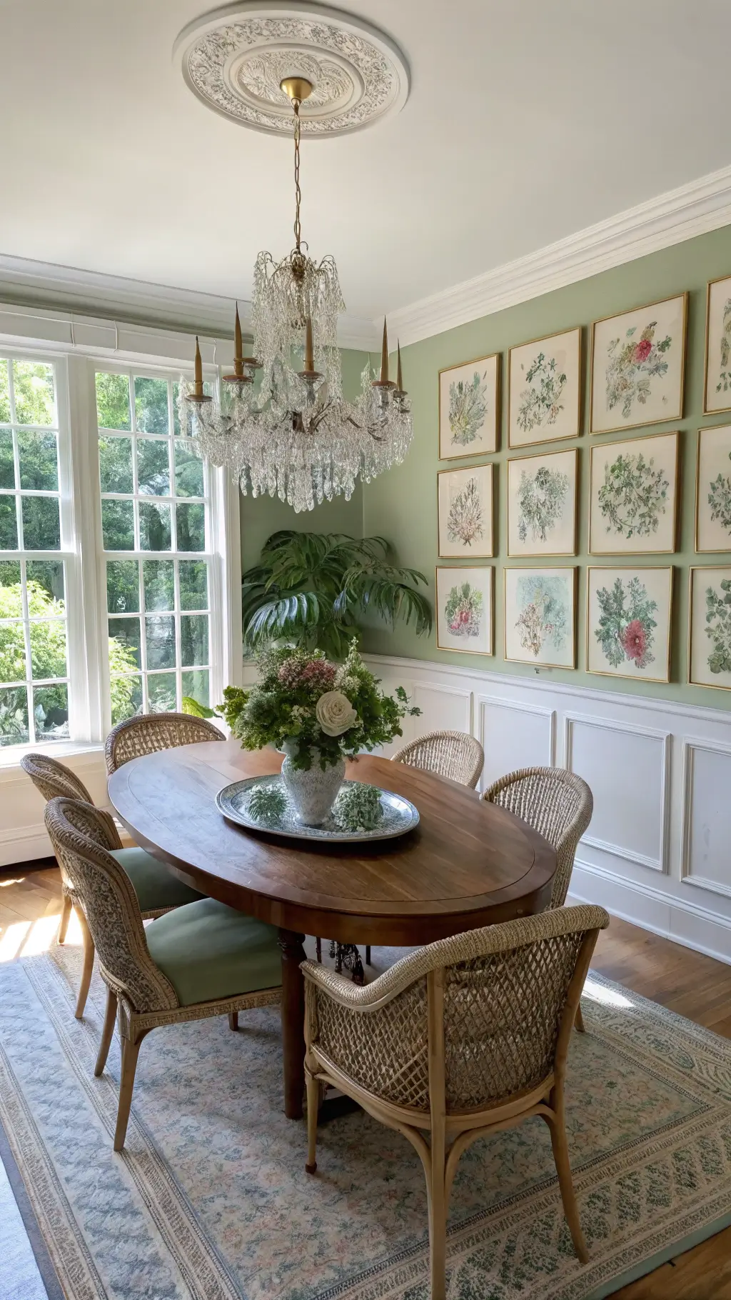 Elevated view of a garden-inspired 15x18ft dining room with an oval mahogany table, cane-back chairs, a statement chandelier and oversized botanical prints on sage green walls, lit by midday natural light.