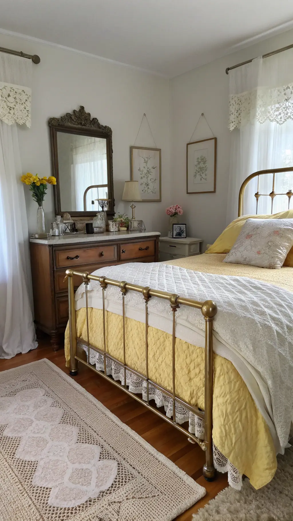 Vintage brass bed with white and yellow linens, antique vanity with silver brushes and perfume bottles, modern abstract art, lace curtains, and braided wool rug in a charming 10x12ft bedroom, bathed in soft morning light.