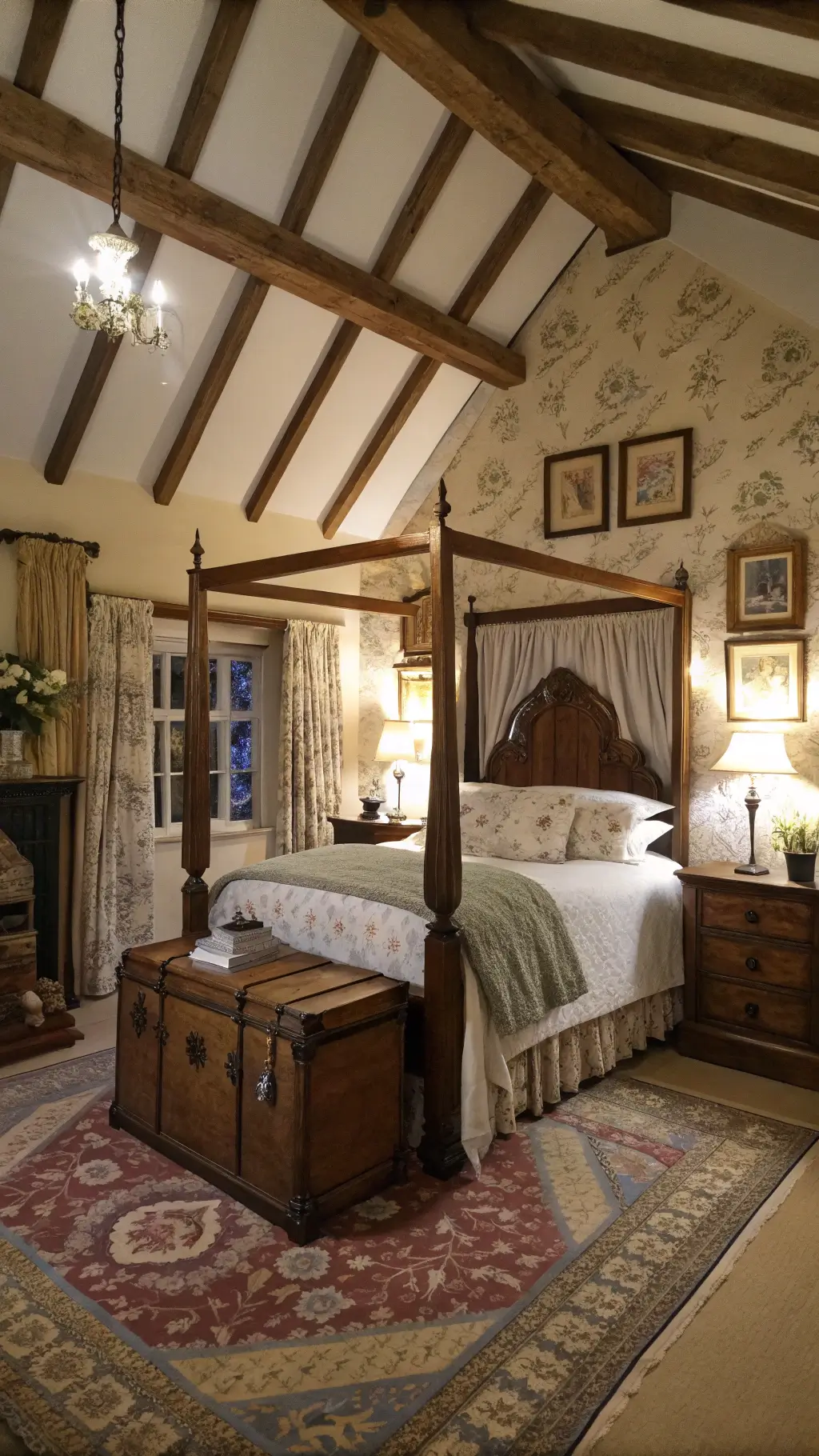 Vintage master bedroom with vaulted wooden beam ceiling, four-poster bed, antique vanity, botanical prints, braided rug, and damask curtains at dusk.