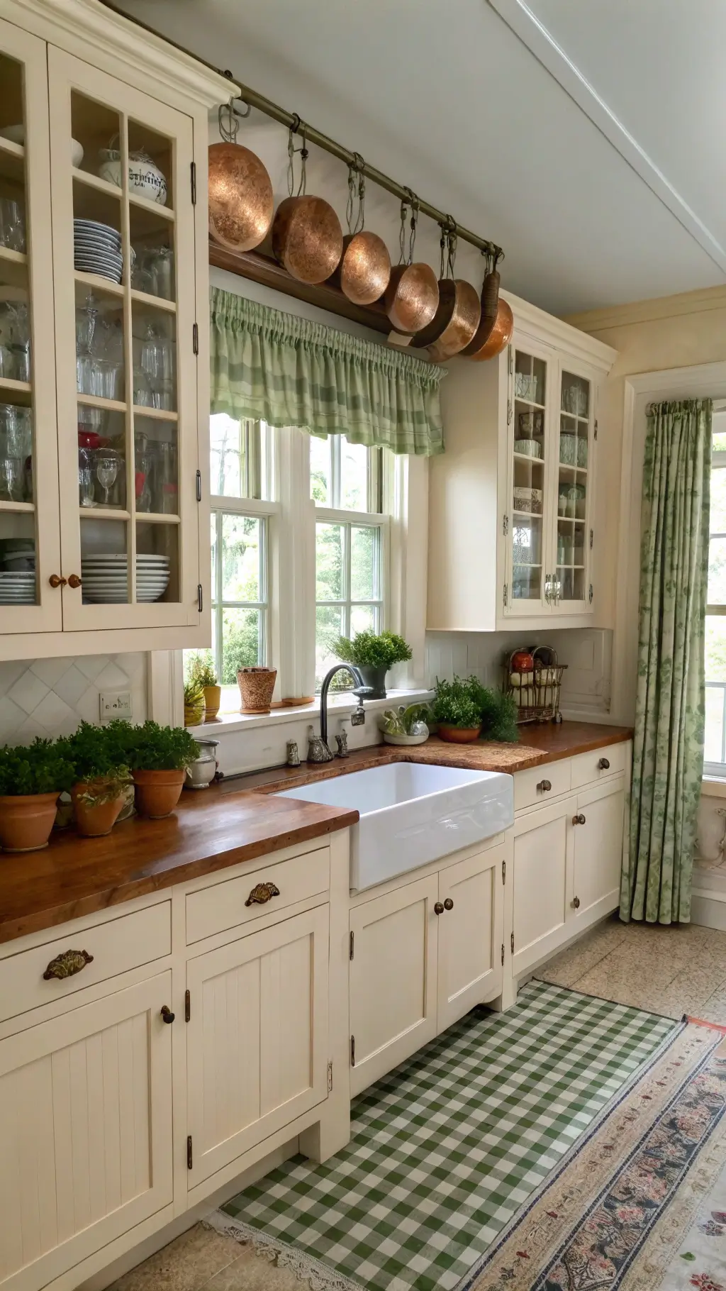 Mid-morning in a spacious kitchen with cream cabinets displaying jadeite dishes, copper pots hanging from the ceiling, butcher block island with vintage scale and bowls, shelves with mason jars, gingham curtains by the farmhouse sink, checkerboard linoleum floor, fresh herbs on windowsill, soft lighting, and a cozy breakfast corner.
