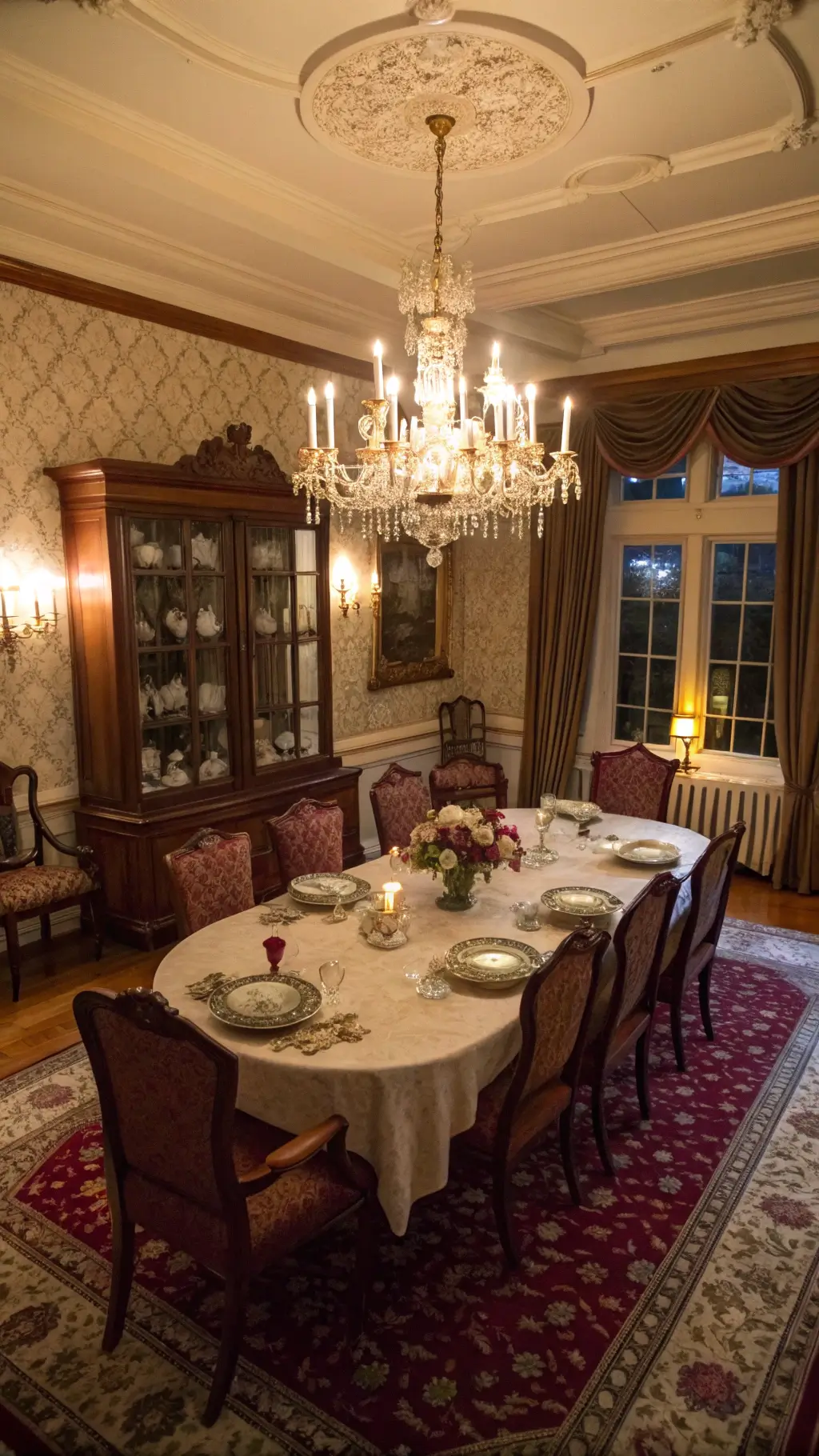 Elevated view of a formal dining room in twilight with vintage velvet upholstered chairs, mahogany table beneath crystal chandelier, heirloom tea sets in china cabinet, burgundy damask wallpaper, heavy silk drapes, sterling silver candelabras, lace tablecloth over damask, and a jewel-toned Oriental rug.
