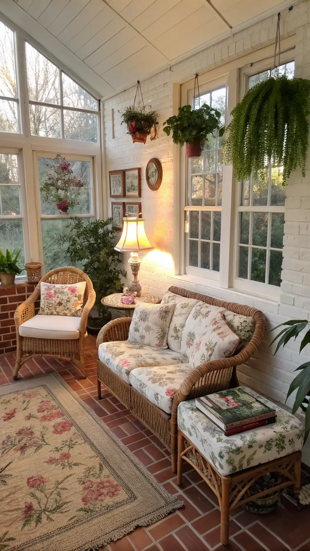 Bright, eye-level photograph of a 12'x18' sunroom in late afternoon, furnished with wicker chairs, vintage frames of pressed flowers, a wooden rocking chair next to a Victorian side table with stacked books, all bathed in a golden light filtered by bamboo roman shades. Terracotta floor tiles and sisal rugs give a warm comfort, while white distressed brick walls accentuate the greenery from ferns and pothos in macramé plant hangers.