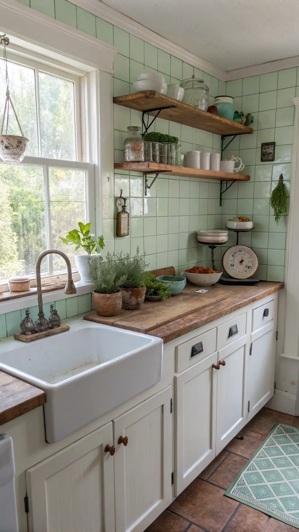 Vintage 1940s kitchen with mint green tiles, white cabinets, butcher block countertops, vintage scale collection on open shelving, potted herbs on windowsills, and assorted vintage kitchenware in soft morning light.