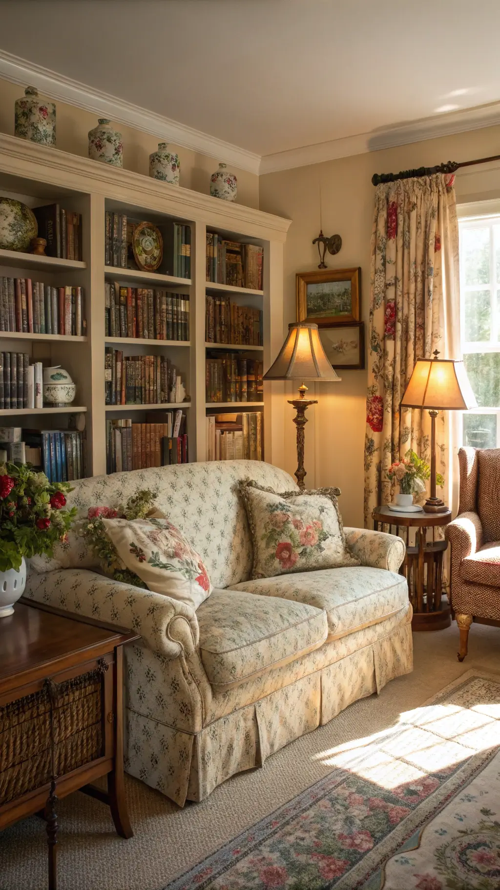 Vintage-inspired living room interior in the late afternoon featuring a floral printed sofa, brass table lamps, built-in bookshelves with vintage books and teapots, botanical-print curtains, needlepoint pillows, and an antique rocking chair beside a basket of knitting projects.