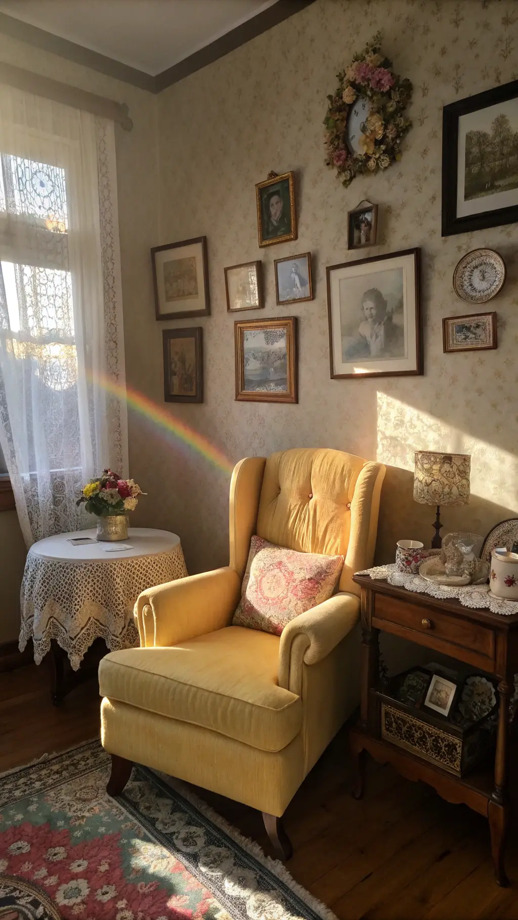 Twilight view of a cozy 13x15ft living room featuring a distressed butter-yellow armchair under a gallery of sepia family portraits, a Victorian side table covered in thimbles and embroidery hoops, rose-patterned wallpaper, and a window with crystal prisms casting a rainbow sparkle on vintage decor.