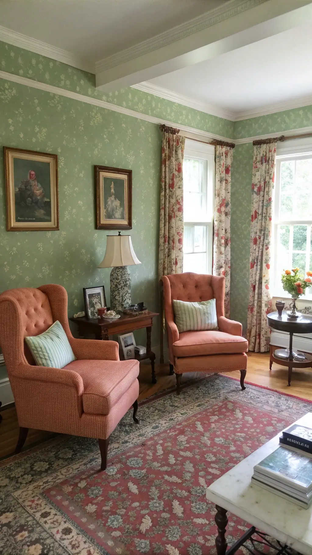 Midday view of an 18x14ft living room with sage green floral wallpaper, rose-colored wingback chairs, vintage rugs, a marble-topped table with family photos and porcelain figurines, and a window seat with handmade cushions.
