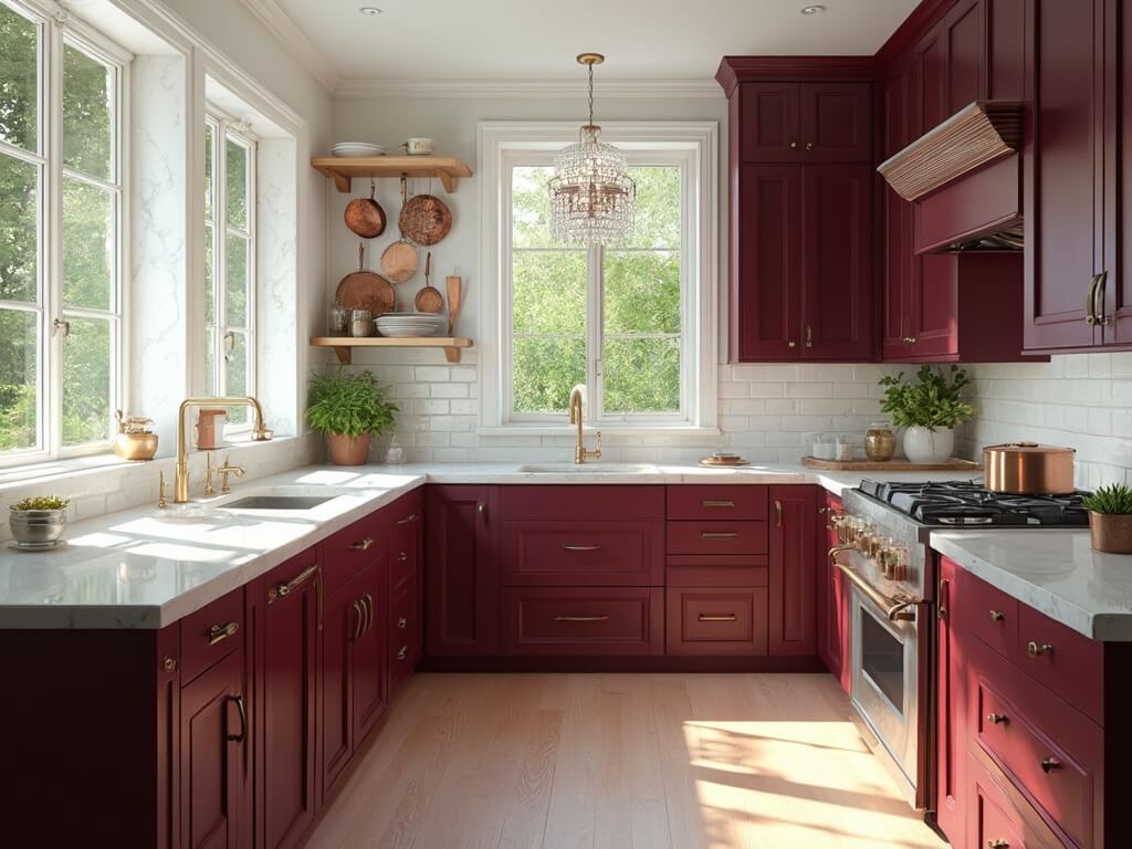 "Luxurious kitchen with burgundy Shaker-style cabinets, Carrara marble countertops, antique brass hardware, and white oak flooring under natural morning sunlight"