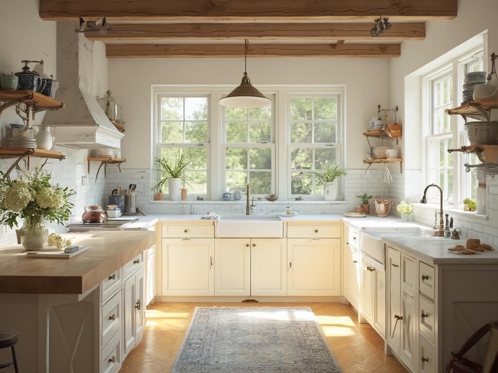 "Cream-colored cottage kitchen with antique brass hardware, marble countertops, and natural sunlight"