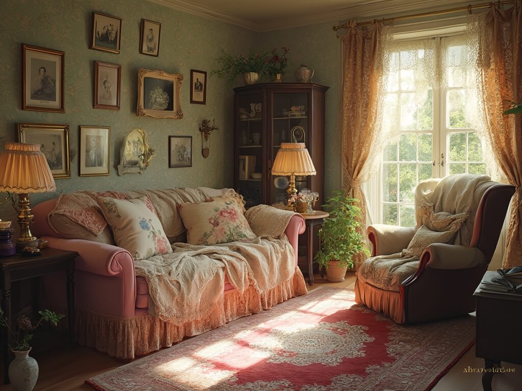 "A cozy Victorian living room featuring a rose-pink velvet sofa, antique hardwood floors, a gallery wall of family photos, and detailed floral decor during golden hour."