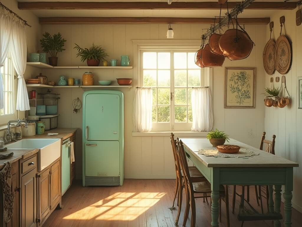 "1940s Americana nostalgic farmhouse kitchen with sunlight streaming through café-curtained windows, cream walls, wooden beams, pine floors, vintage appliances and utensils, and a fresh-baked pie cooling on the table."
