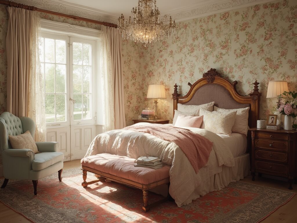 "Vintage chic master bedroom with soft afternoon light, ornate carved oak headboard, vintage quilts, floral wallpaper, crystal chandelier, antique dresser with fresh peonies, family photographs, Persian rug, mint velvet chair and stacked vintage books."