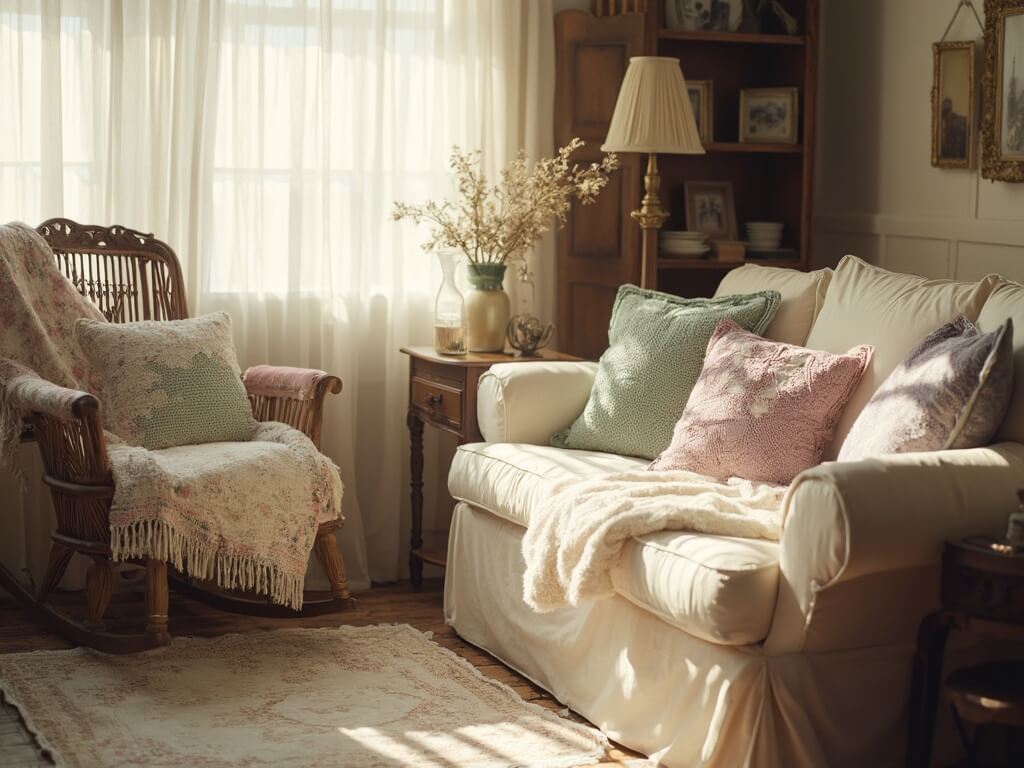 "Cozy vintage living room with pastel-colored cushions, antique furniture, dried hydrangeas in milk glass vases, layered vintage quilts, family photos and an old bookshelf, all illuminated by soft golden hour light."
