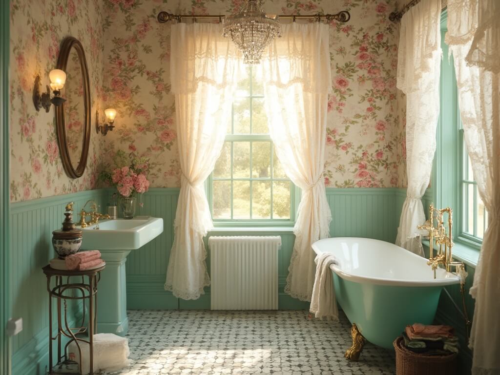 "Vintage modern fusion bathroom with sage green beadboard, floral wallpaper, baby blue sink with brass fixtures, clawfoot tub, and antique decorations bathed in warm sunlight."