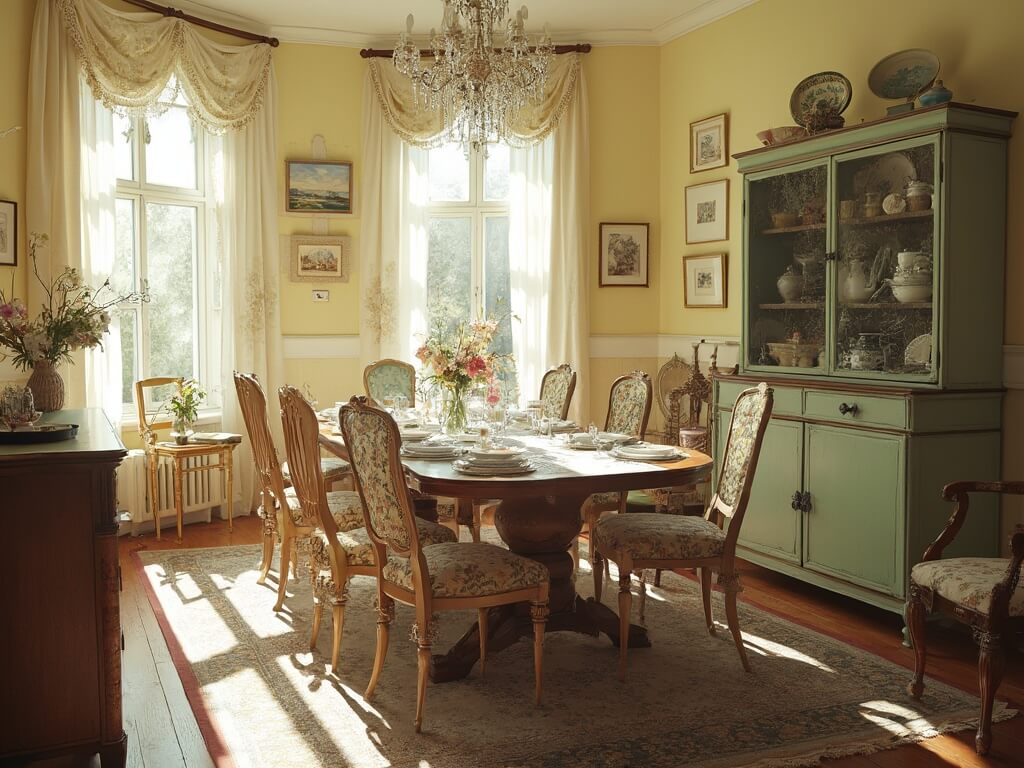 "Victorian dining room with vintage furniture, botanical prints, antique china, floral elements and warm lighting, illustrating a granny chic aesthetic."