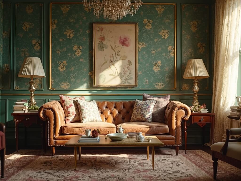 "Sunlit Victorian living room with teal floral wallpaper, Chesterfield sofa adorned with vintage pillows, ornate Persian rug, abstract art in gold frames, and styled with antiquarian books and fresh flowers."
