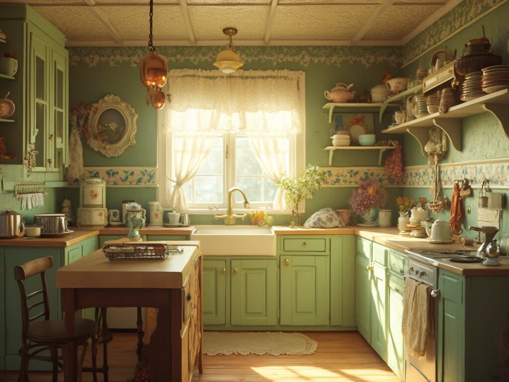 Vintage kitchen with mint-green walls, cream cabinets, rustic decor, and nostalgic accents bathed in golden sunlight.