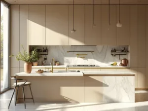 "Beige modern luxury kitchen with calacatta marble island, brass accents, and sunlit windows."