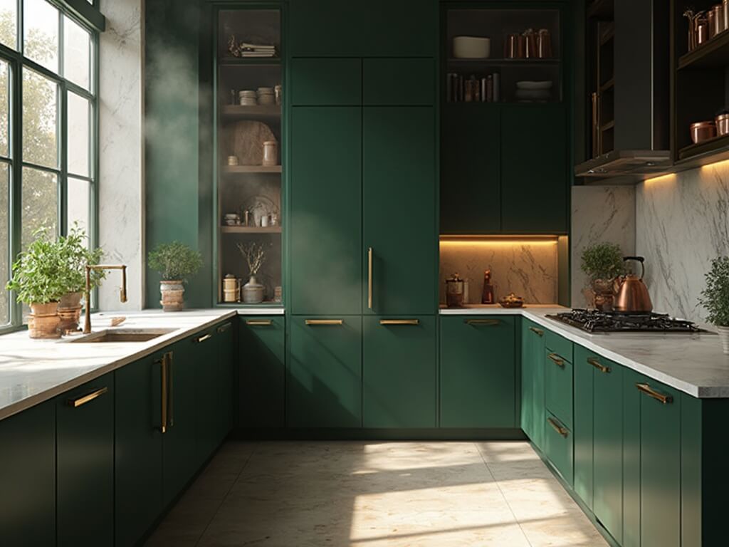 "Luxurious kitchen with dark green cabinets, marble countertops, brass fixtures, and oak flooring in moody natural lighting"