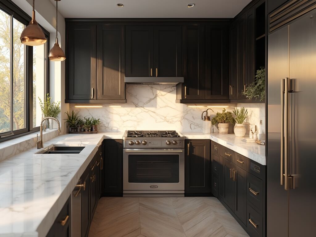 "Modern luxury kitchen with dark shaker cabinets, white quartz countertops, and gold accents bathed in golden hour sunlight"