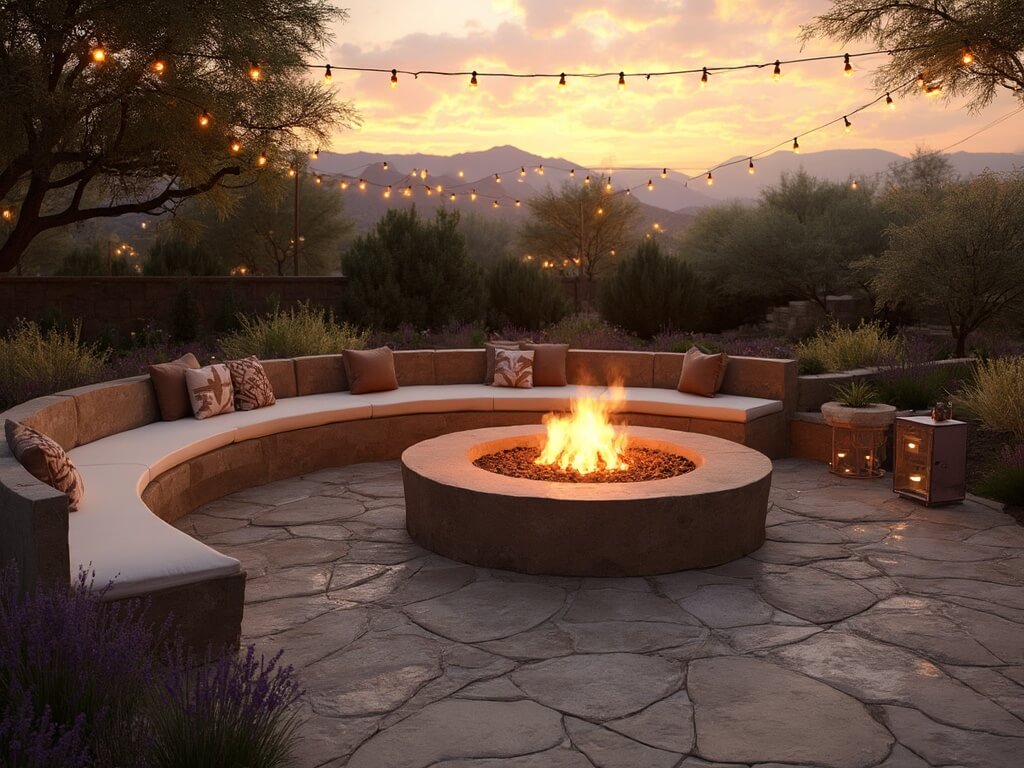 "Luxurious backyard firepit with comfortable seating, ambient bistro lights, and drought-resistant landscaping at sunset with mountain silhouette in the background."