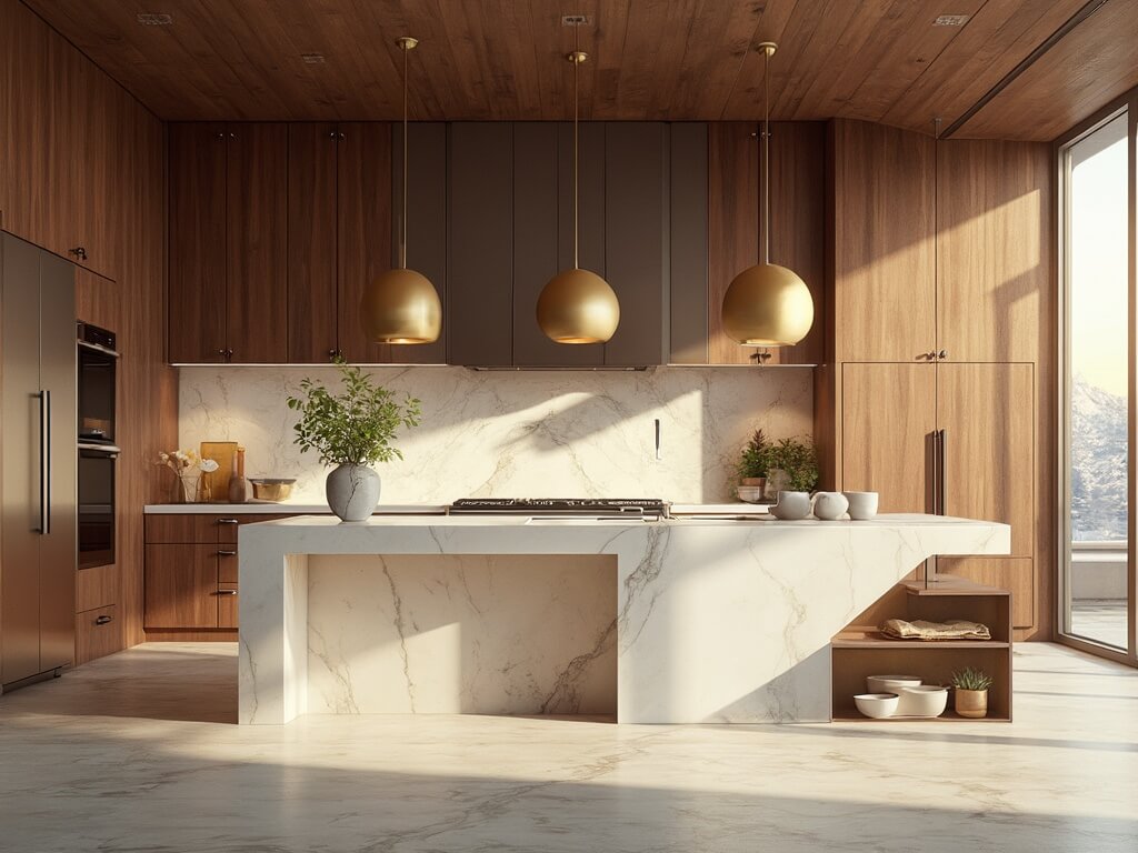 "Luxurious modern kitchen with walnut cabinets, white quartz island, and brass pendant lights in afternoon sunlight"