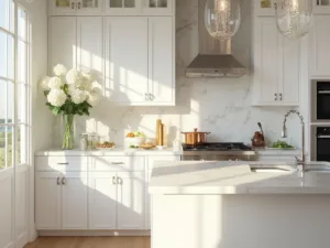 "Luxury white kitchen with shaker cabinets, natural light, waterfall quartz island, stainless steel appliances, and styled with copper cookware and white hydrangeas"