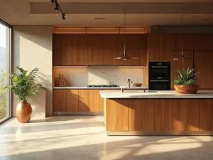 "Luxurious open-concept kitchen with natural cherry wood cabinets, marble countertops, and morning light streaming through large windows"