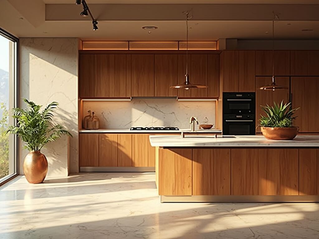 "Luxurious open-concept kitchen with natural cherry wood cabinets, marble countertops, and morning light streaming through large windows"