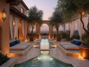"Mediterranean backyard terrace with luxurious multi-level travertine flooring, cream stone seating, jewel-toned cushions, copper water feature, olive trees, Moroccan brass lanterns, and distant city views at twilight."