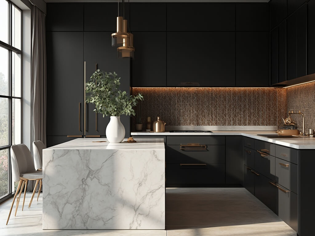 "Modern luxury kitchen with black cabinets, gold accents, white marble island, and warm morning light"