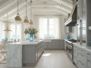 "Luxury coastal kitchen with grey cabinets, white marble countertops, vaulted ceiling, and morning sunlight filtering through sheer curtains"