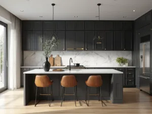 "Modern luxury kitchen with dark grey cabinets, white quartz countertops, stainless steel appliances, and stylish décor"