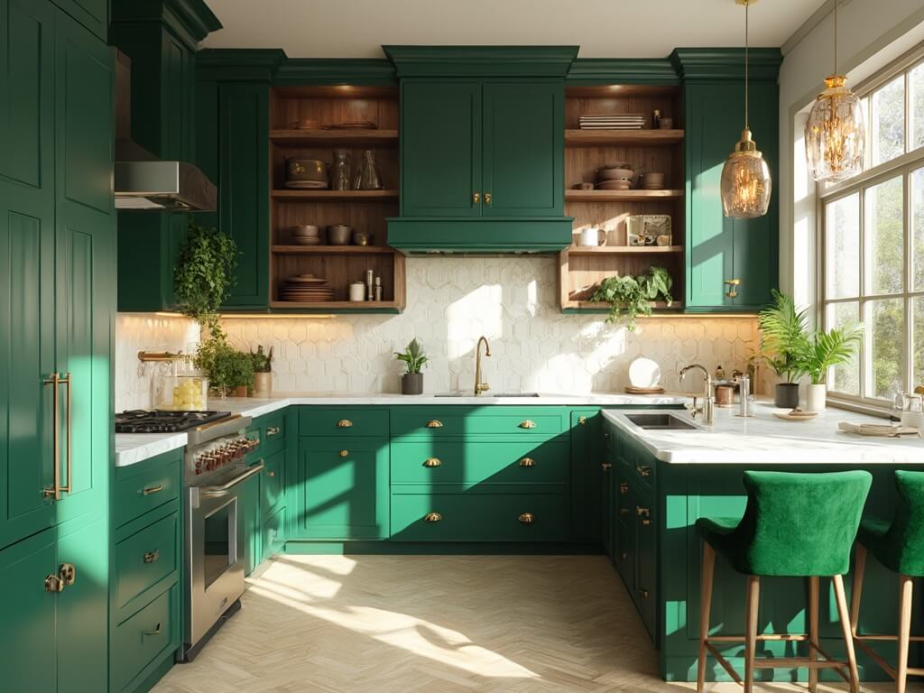 "Sunlit modern kitchen with emerald green cabinets, Carrara marble countertops, brass fixtures, and vintage elements."