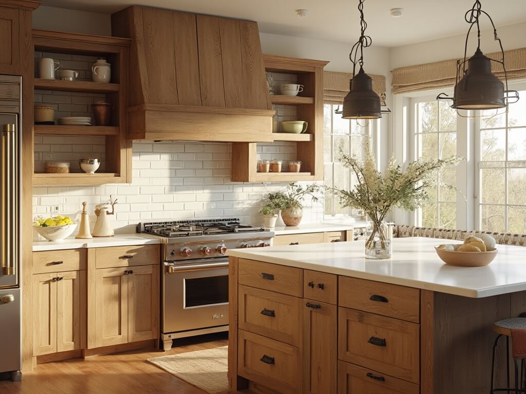 "Sunlit modern farmhouse kitchen with honey-brown Shaker cabinets, white quartz countertops, and reclaimed wood island"