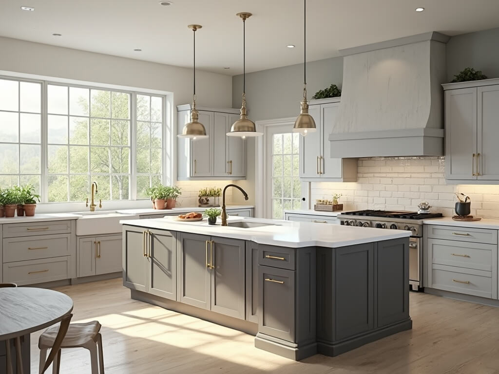 "Sun-drenched modern farmhouse kitchen with gray shaker cabinets, center island, and white oak hardwood flooring"