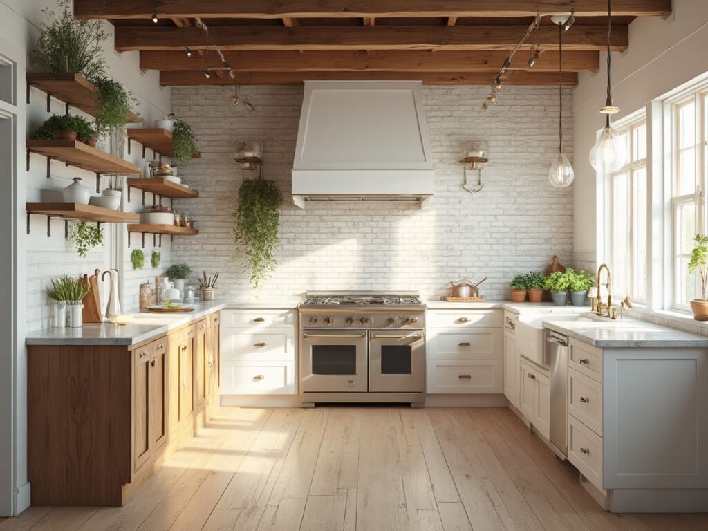 "Modern farmhouse kitchen with white cabinets, walnut island, Carrara marble countertops, antique brass hardware, white oak flooring, and professional-grade stainless steel appliances"