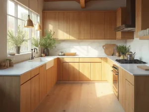 "Sunlit modern farmhouse kitchen with oak cabinets, white quartz island, and artisanal decor"