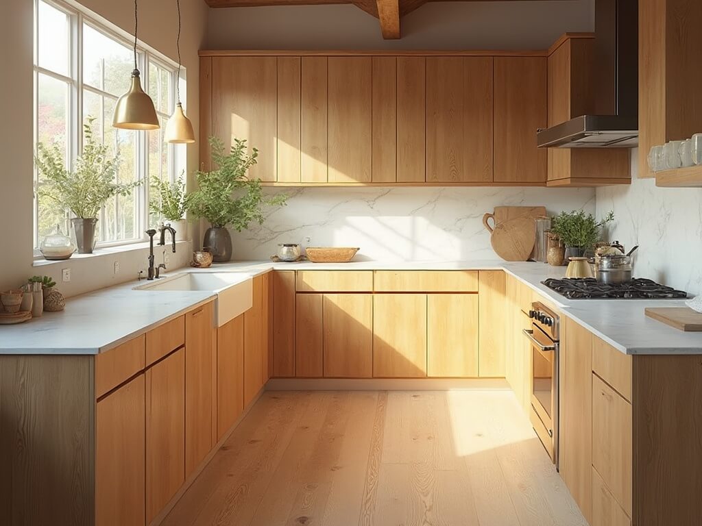 "Sunlit modern farmhouse kitchen with oak cabinets, white quartz island, and artisanal decor"