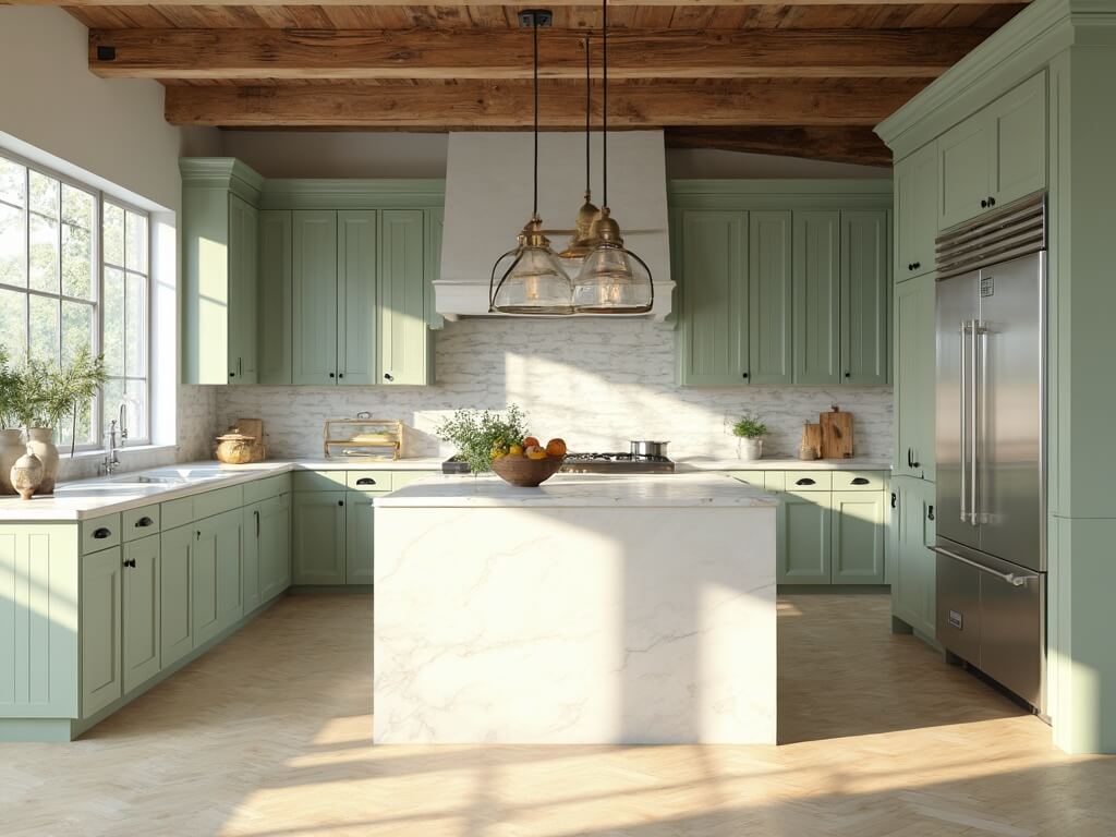 "Modern farmhouse kitchen with sage green cabinets, white quartz island, and morning sunlight entering through large windows"
