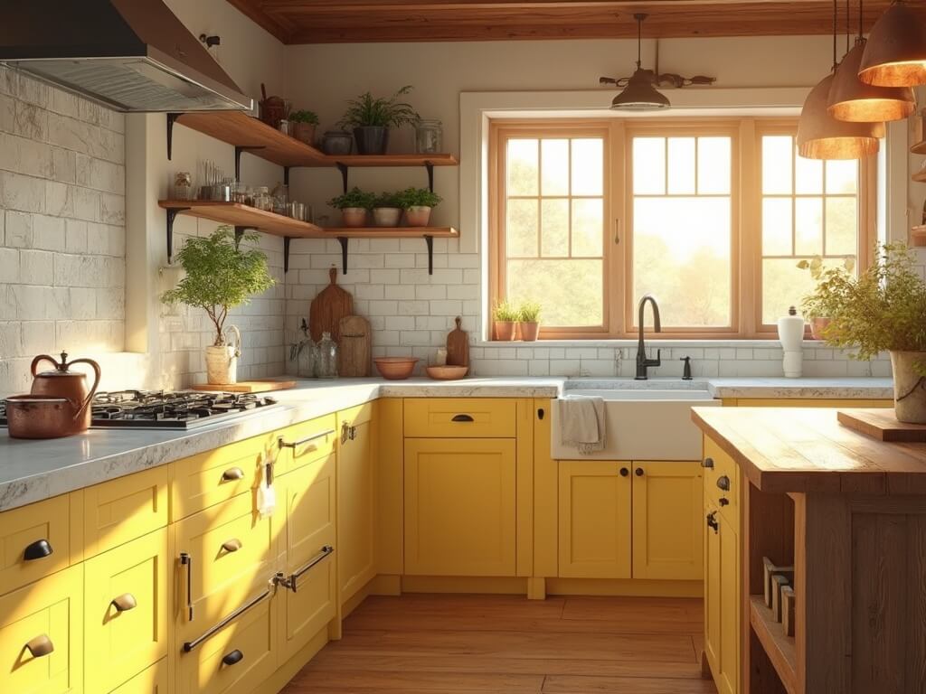 "Spacious farmhouse kitchen with butter-yellow Shaker-style cabinets, white marble countertops, and a reclaimed wood island bathed in golden hour sunlight"