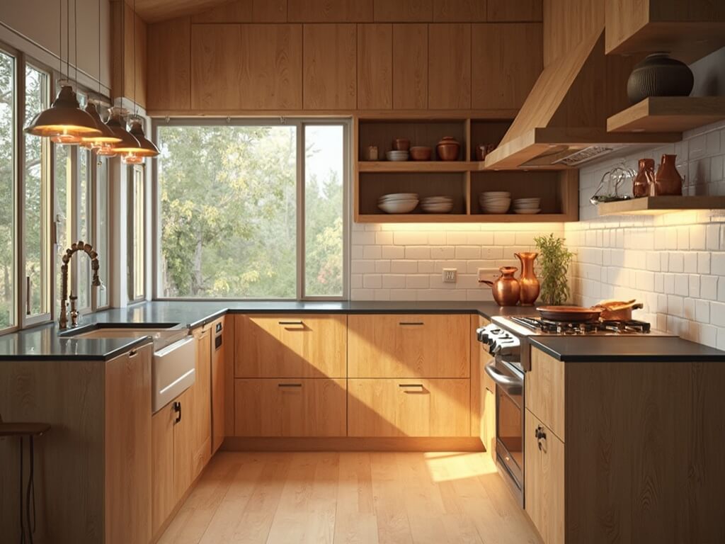 "Modern kitchen interior with golden oak cabinets, black quartz countertops, minimalistic hardware, and warm lighting"