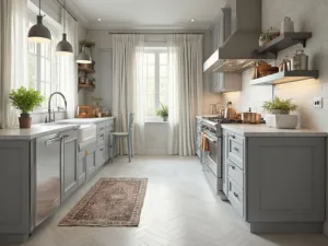 "Modern light grey kitchen interior design with Shaker-style cabinets, Carrara marble countertops, oak flooring, and stainless steel appliances in morning light"