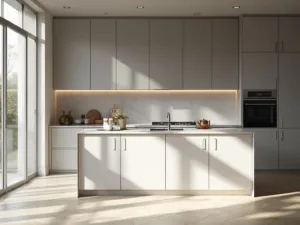 "Contemporary minimalist kitchen with grey handleless cabinets, white quartz island, and sunrise shadows"