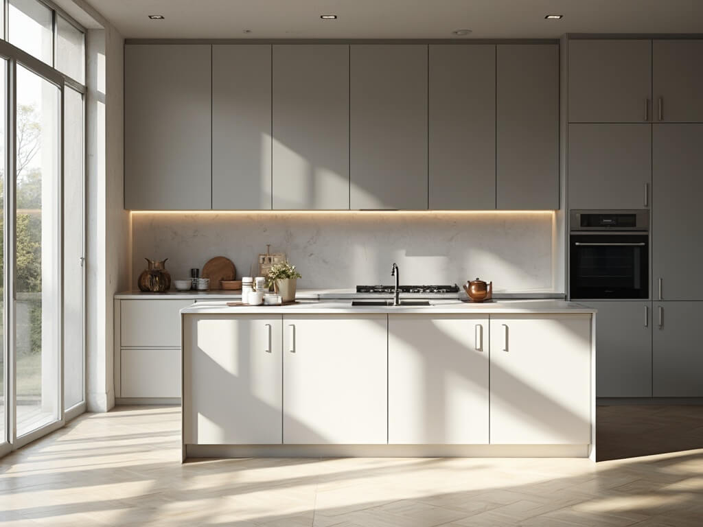 "Contemporary minimalist kitchen with grey handleless cabinets, white quartz island, and sunrise shadows"